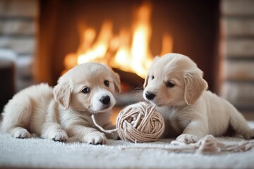 two puppies playing with a ball of yarn