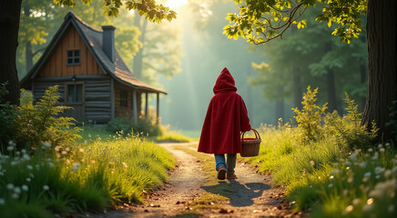 A little girl in a red coat is walking through a forest and looking at a house