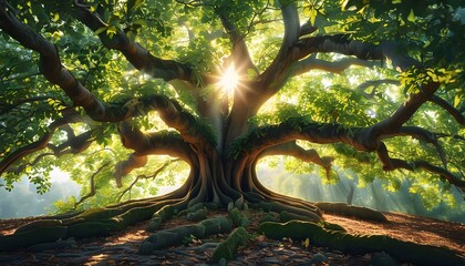 Wall Mural - An ancient tree with luxuriant branches and leaves, thick roots extending to the ground, and sunlight shines through the leaves, creating a natural atmosphere.