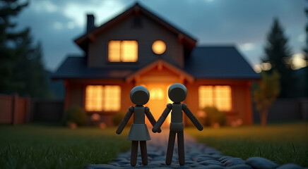 Two wooden figures are standing in front of a house, holding hands