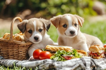 two puppies sitting on a blanket with a basket of food