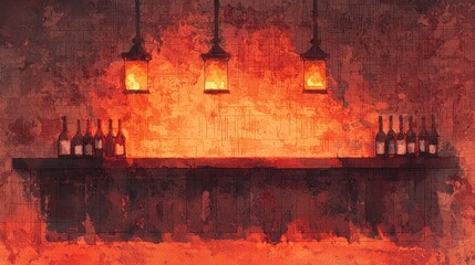 Poster - Red Brick Wall With Hanging Lights And Wine Bottles Abstract Watercolor Painting