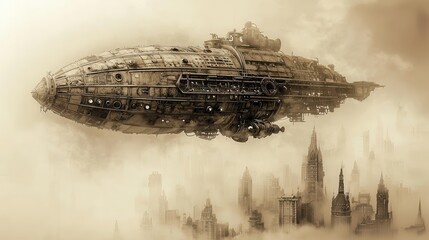 Poster - Steampunk Airship Flying Over Foggy Cityscape