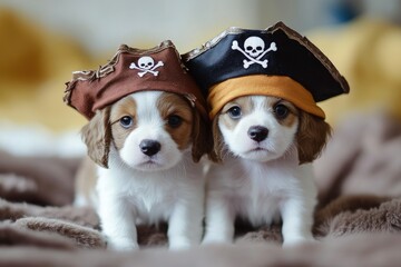 Canvas Print - two puppies wearing pirate hats on a bed