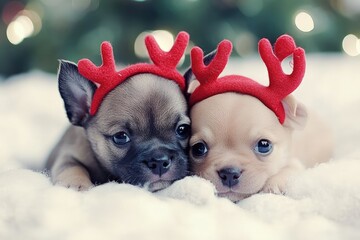 Canvas Print - two puppies wearing reindeer antlers on their heads