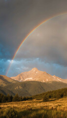 Poster - rainbow shining above mountain after storm background art design backdrop