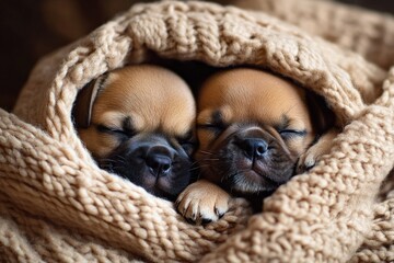 Wall Mural - two puppies are sleeping in a blanket