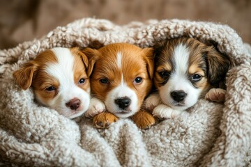 Canvas Print - three puppies are laying on a blanket together