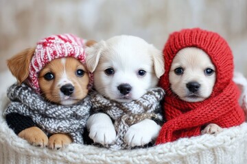 Canvas Print - three puppies are sitting in a basket together