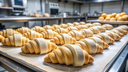 Row of uncooked croissants ready for baking in a kitchen setting, croissant, pastry, dough, French, baking, breakfast, food