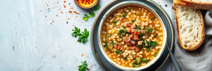 Sticker - Barley Soup with Smoked Bacon and Fresh Bread on a Light Blue Surface