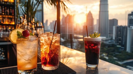 Poster - Cocktails at Rooftop Bar with City Skyline Sunset View