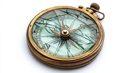 a broken antique compass with a brass case and a cracked glass face
