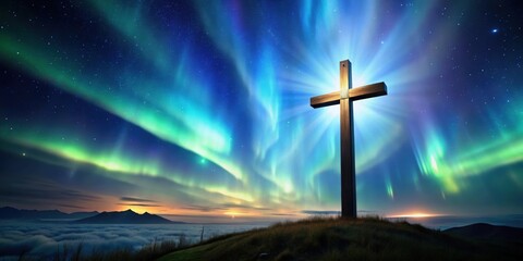 Wall Mural - Religious catholic cross against the sky with northern lights, religious, catholic, cross, sky, northern lights