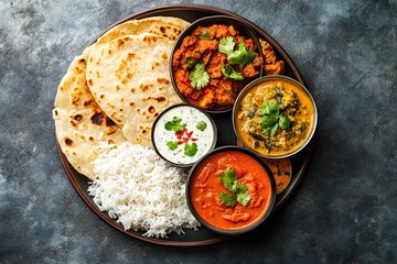 Wall Mural - North indian thali top view. Roti, pappad rice and variety of curries in a mea