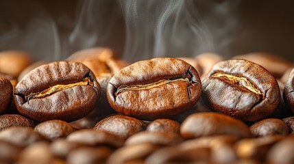 Wall Mural - Close-up of Steaming Coffee Beans with One in Focus