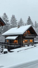 snowfall blanketing rooftops of cozy cabins background art design backdrop