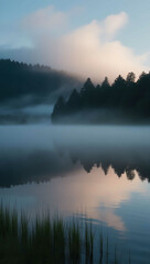 Canvas Print - soft mist hovering over peaceful lake background art design backdrop