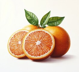 A group of three oranges, two whole and one sliced in half, with green leaves on top, set on a white background.