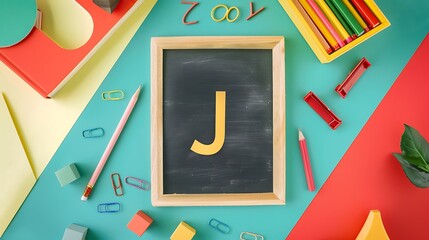 Wall Mural - Learning the letter J blackboard notebook pencil and learning accessories isolated on colorful background