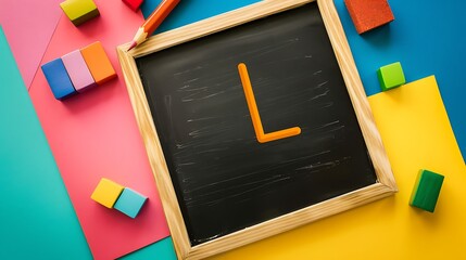 Wall Mural - Learning the letter L blackboard notebook pencil and learning accessories isolated on colorful background