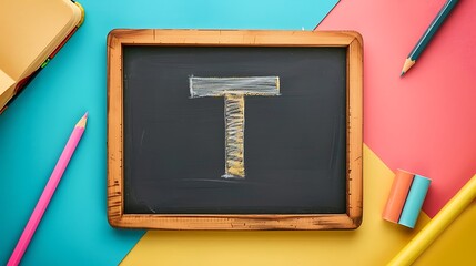 Wall Mural - Learning the letter T blackboard notebook pencil and learning accessories isolated on colorful background