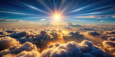 Wall Mural - dreamy image of flying above fluffy clouds with rays of light shining through, creating a magical at