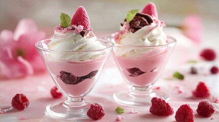 Sundae Ice Cream Desserts in Tulip Glass Cups: Features delectable sundae ice cream desserts served in tulip glass cups, highlighting their delicious and indulgent nature.