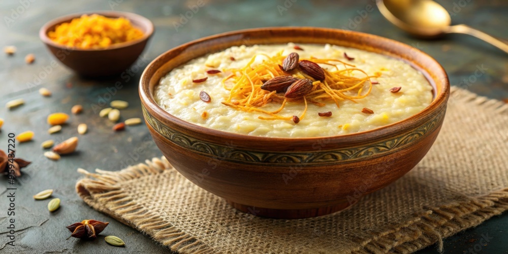 Traditional Indian sweet rice pudding served in a bowl with saffron and ...
