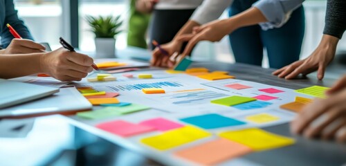Poster - Close-up of a brainstorming session with colorful sticky notes on a whiteboard.