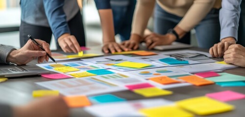 Poster - Team of diverse people collaborating on a project using sticky notes and a laptop during a brainstorming session.