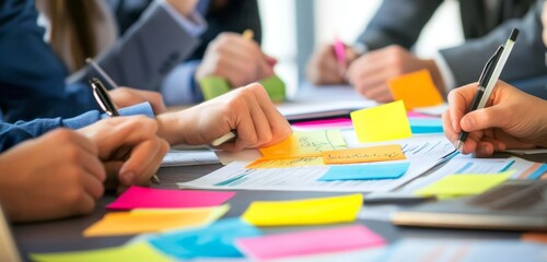Poster - Business people collaborating on a project with sticky notes and pens on a table.