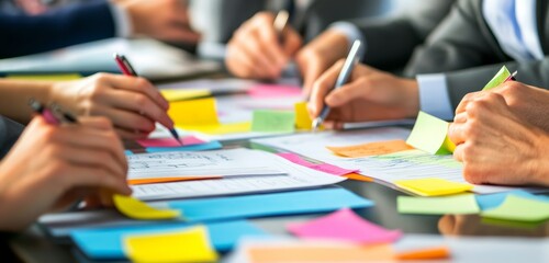 Poster - Close up of a team of businesspeople working on a project together, writing on papers and sticky notes.