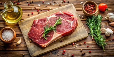 Raw meat for steak with ingredients for cooking on a wooden background. Chop the bone, steak, raw meat, ingredients