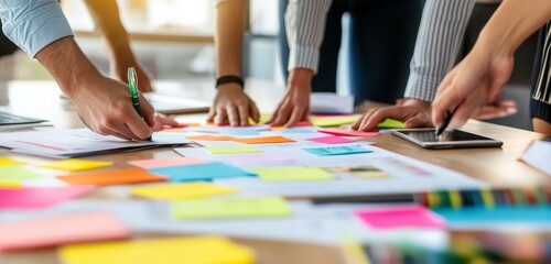 Poster - Close-up of a team working on a project with sticky notes on a table.