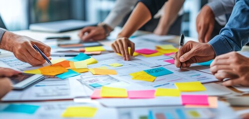 Poster - A team of professionals working together on a project, using sticky notes to brainstorm and plan.