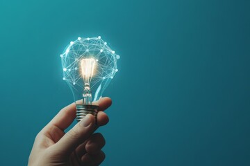 A hand holds a glowing light bulb with a network of connected dots symbolizing innovation, creativity, and new ideas.