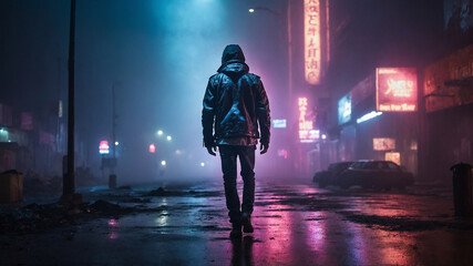 man in the street with a backpack and a lantern