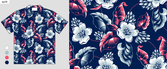 aloha summer fashion, tropical gradient flowers seamless pattern, artwork on hawaiian shirt fashion mockup, elegance hibiscus flora abstract, shirt mockup llustration