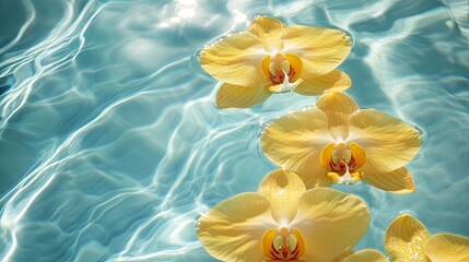 Yellow Orchids Floating in Clear Water: Displays bright yellow orchids gracefully floating on clear water, adding a touch of tropical elegance.