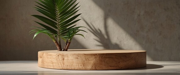 Minimal natural wood podium with green palm leaf with sunlight background. Minimal wooden stand for branding and packaging presentation