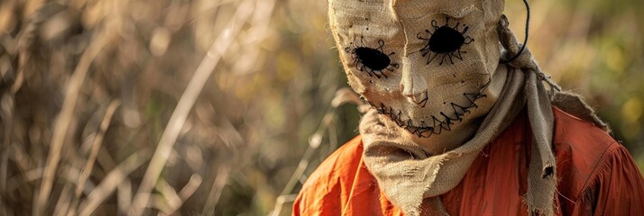 Wall Mural - Close-up of a Halloween scarecrow decoration featuring a burlap mask and an orange jumpsuit.