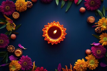 Diwali glowing Diya , flowers, Sweets and Gifts arranged in circular shape forming a design with copy space, selective focus , Indian festival , Extra copy space for text with generative ai