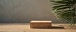 © ezra - Minimal natural wood podium with green palm leaf with sunlight background. Minimal wooden stand for branding and packaging presentation