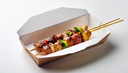 Yakitori in delivery box with white background isolated