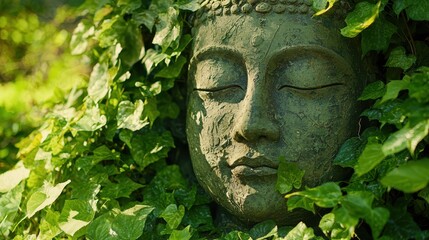 Poster - Buddha Statue Head Covered in Green Ivy Leaves