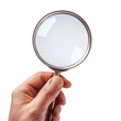 © Rainister - Close-up of a hand holding a magnifying glass, focusing on the concept of search, investigation, or analysis with a white background.