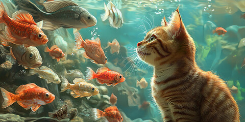 A cute cat looking at the fish in an aquarium, generative AI