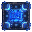 © Rainister - Futuristic microchip with glowing blue circuits, representing advanced technology and artificial intelligence in digital electronics.
