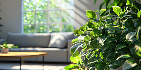 Poster - A lush green Tradescantia plant in the foreground, generative AI